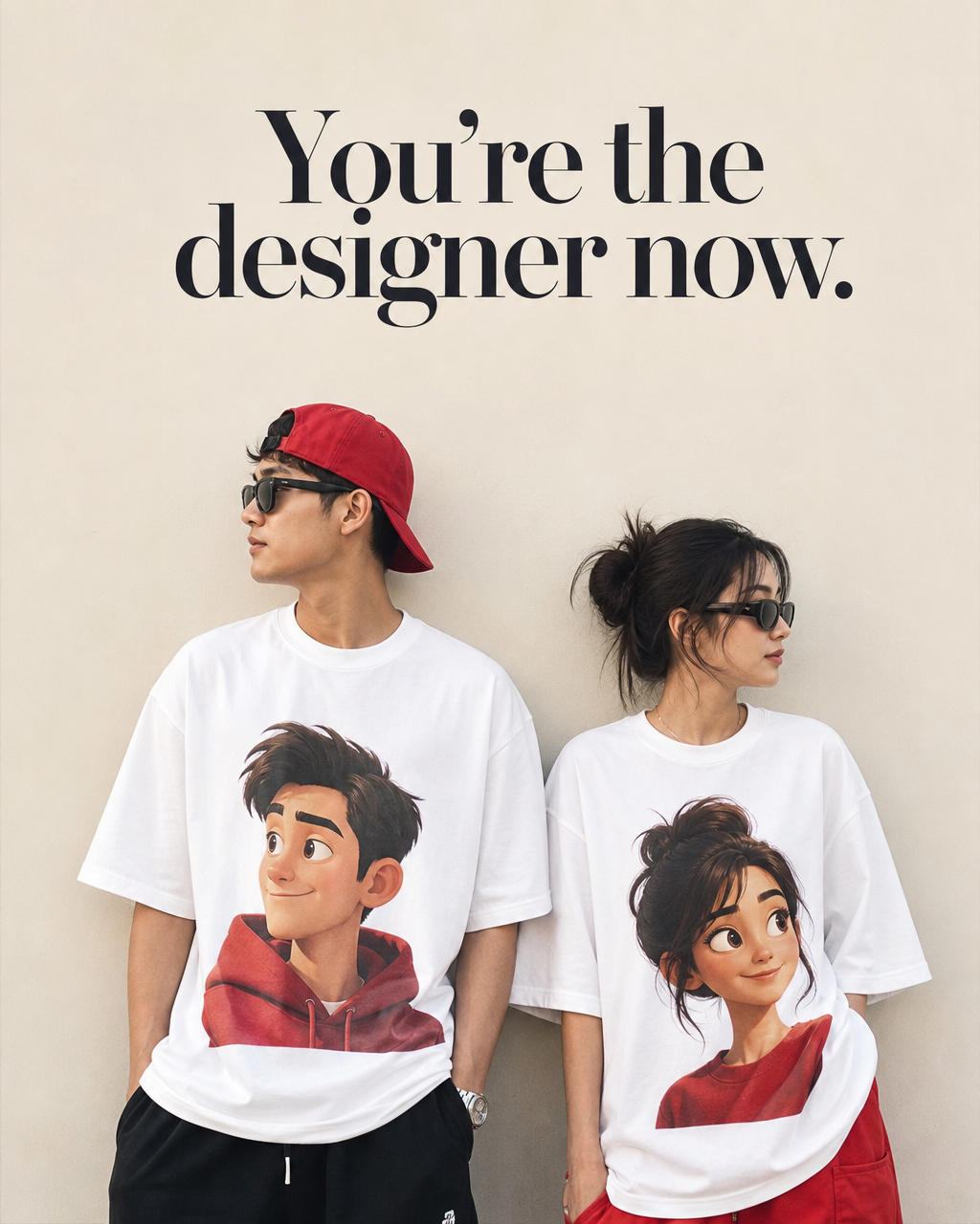 DÉCALÉ couple wearing matching Pixar-style portrait tees on cream